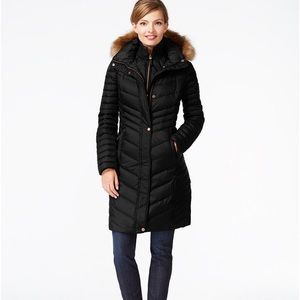 Marc New York Long Navy Puffer Coat, Faux Fur Trimmed Removable Hood, size Large